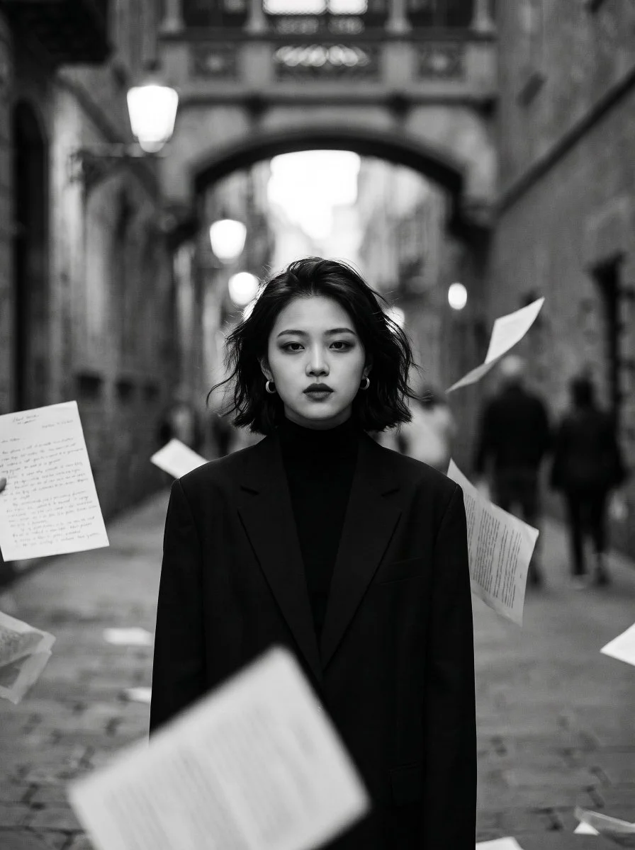 Woman in black stands still as letters rain in alley