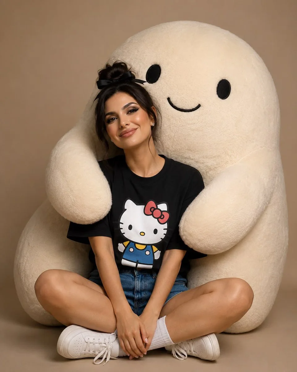 Woman in black tee smiles while giant plush hugs her from behind