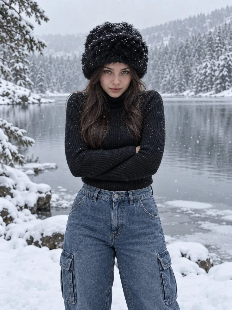 Woman in black turtleneck stands amid snowy forest by lake