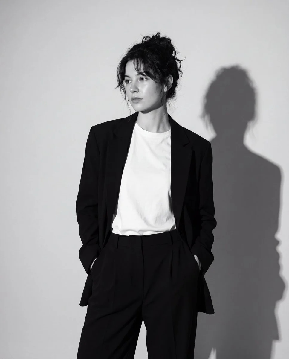 Woman in blazer stands with hands in pockets, shadow behind.