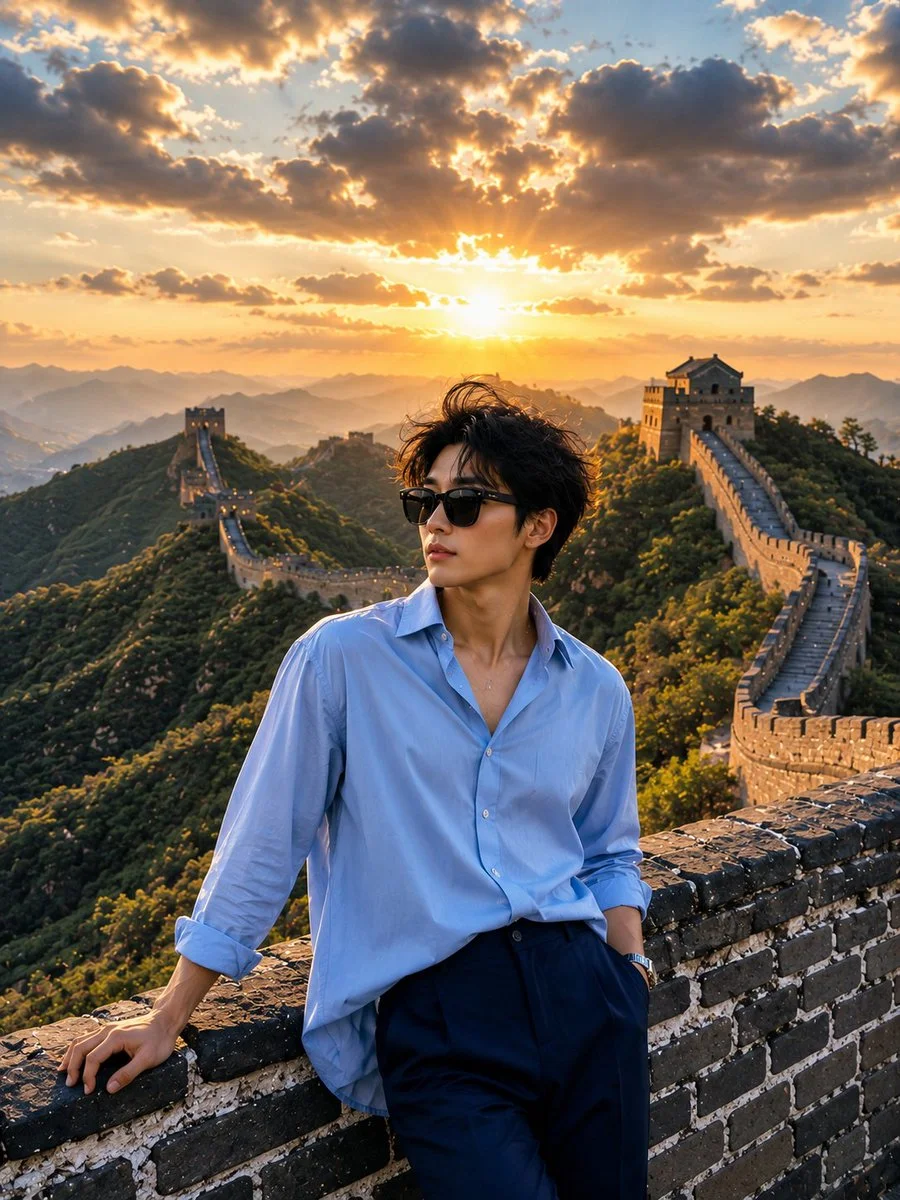 Woman in blue shirt leans on Great Wall at golden sunset