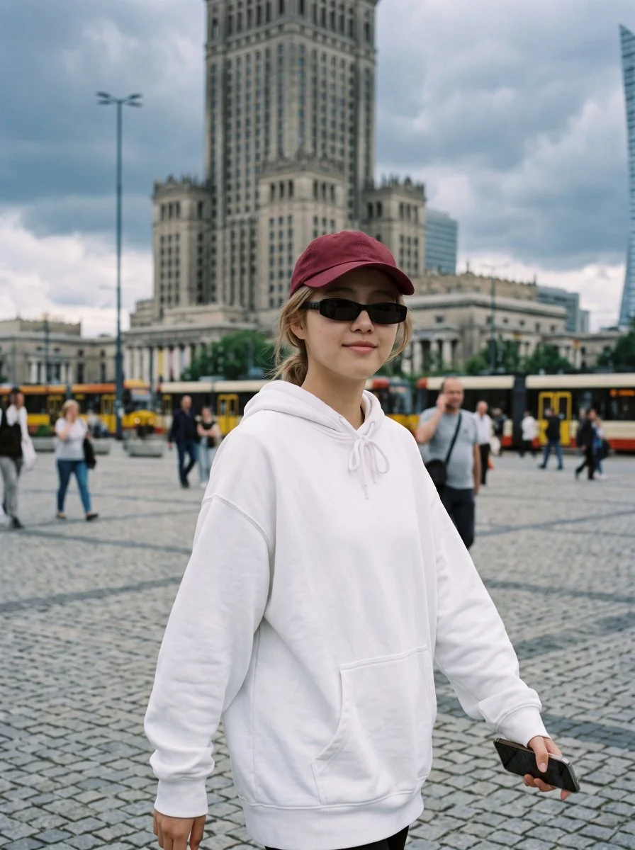 Woman in Burgundy Cap Walks Through Overcast European City Square