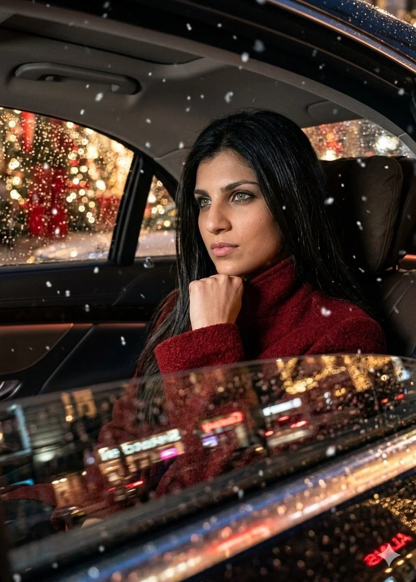 Woman in Burgundy Sweater Gazes Out Rainy Car Window at Snowy City