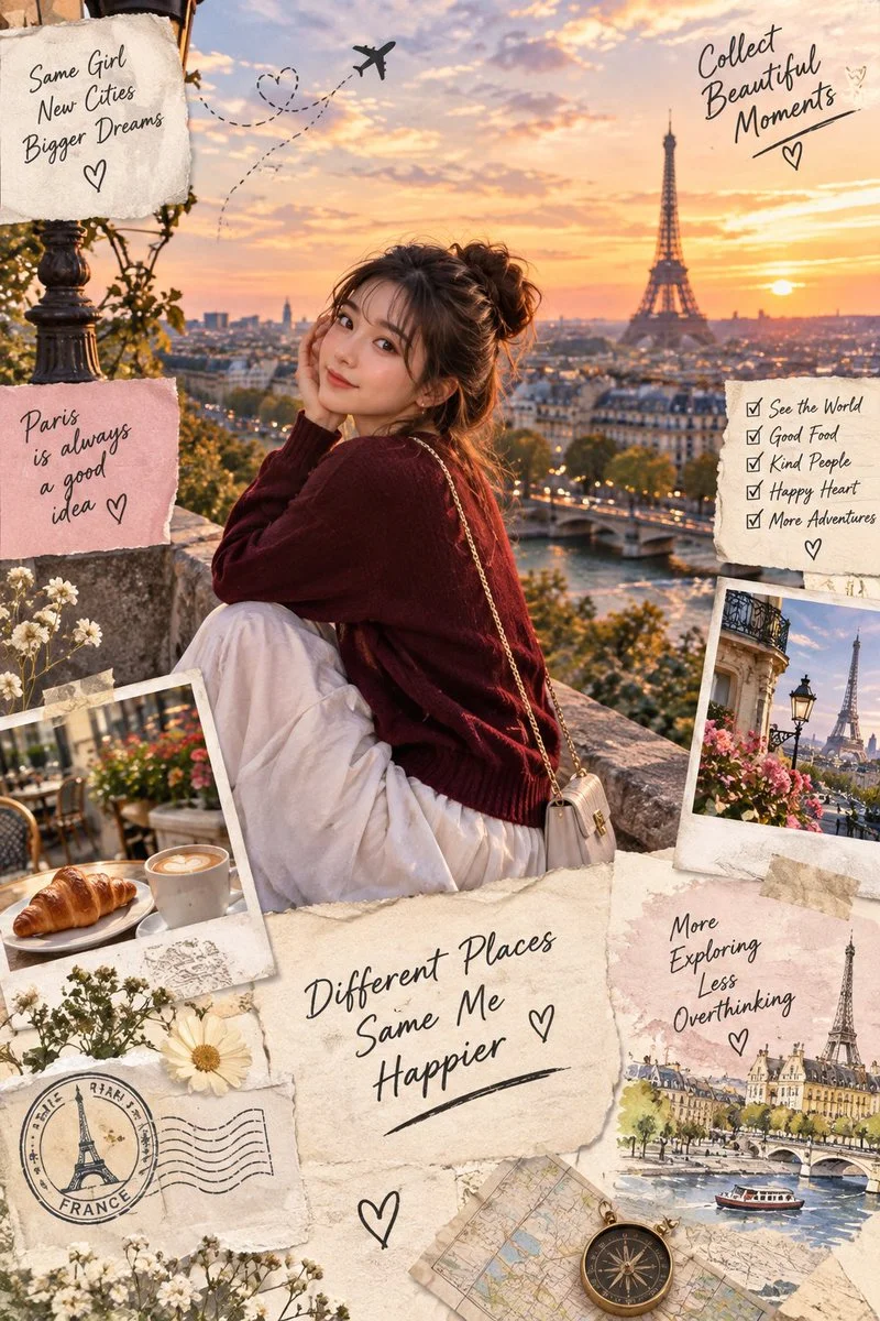 Woman in Burgundy Sweater Smiles on Parisian Ledge at Sunset