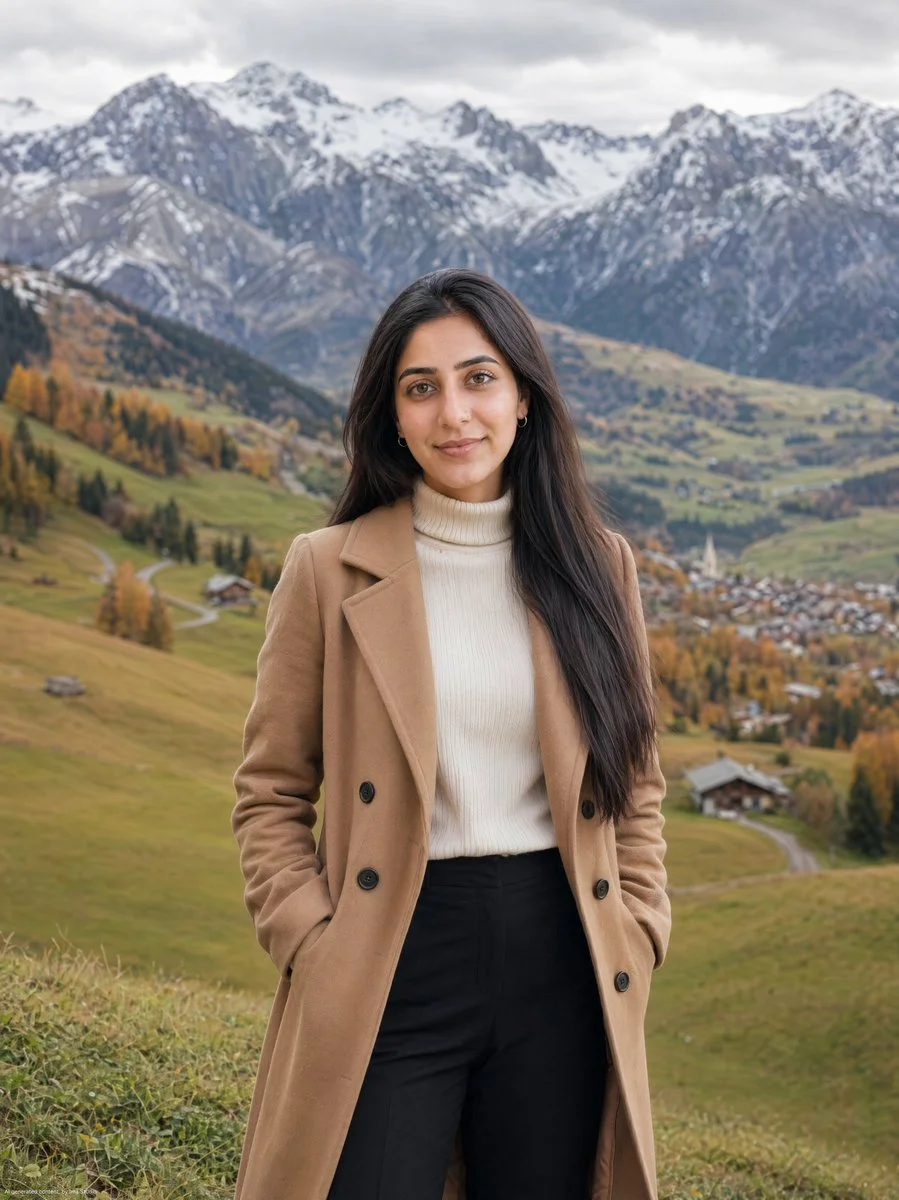 Woman in camel coat stands on alpine meadow under cloudy sky.