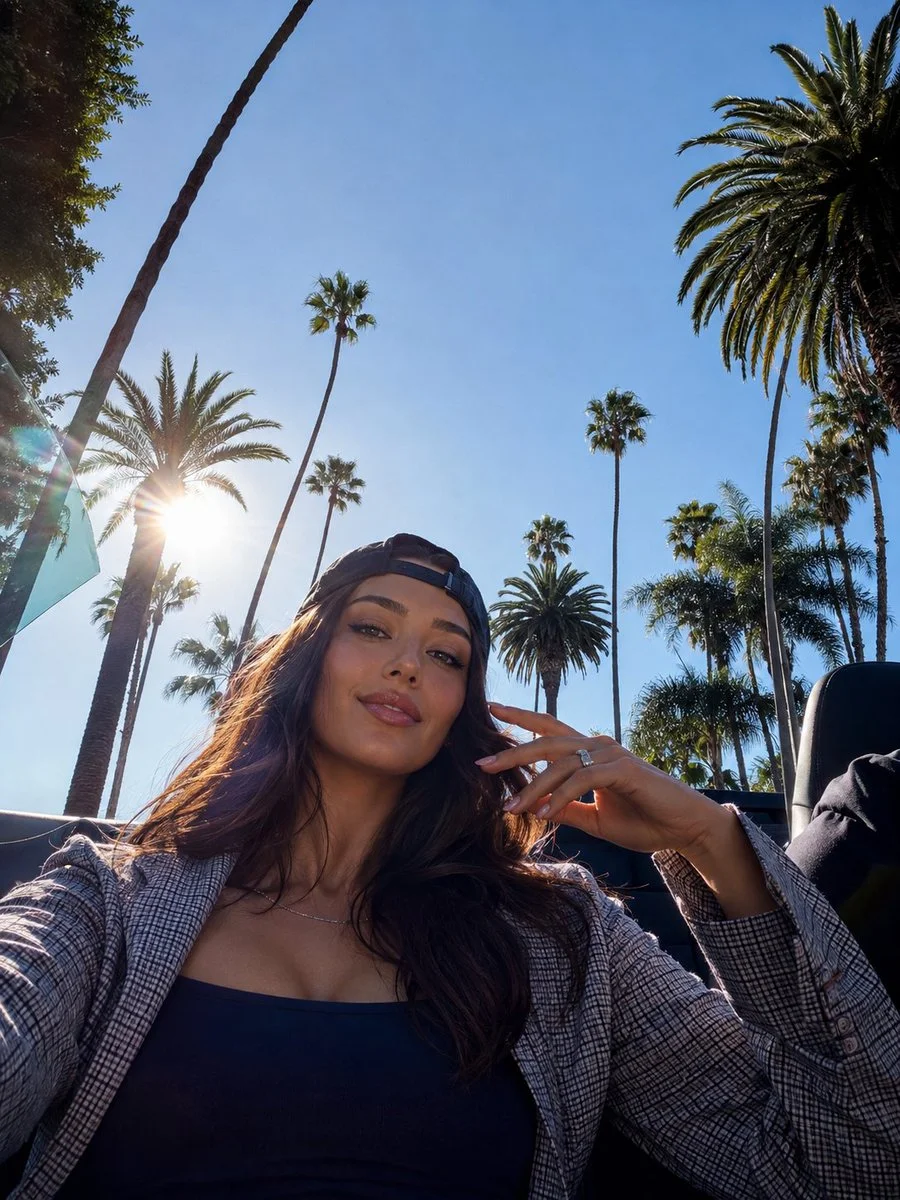 Woman in convertible poses under sunny palm trees with checkered blazer
