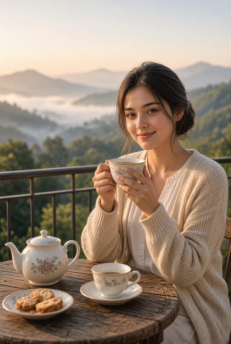 Woman in cream cardigan savors tea above misty valley