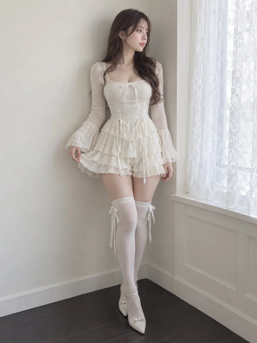 Woman in Cream Knit Dress Stands by Window in Minimal Room
