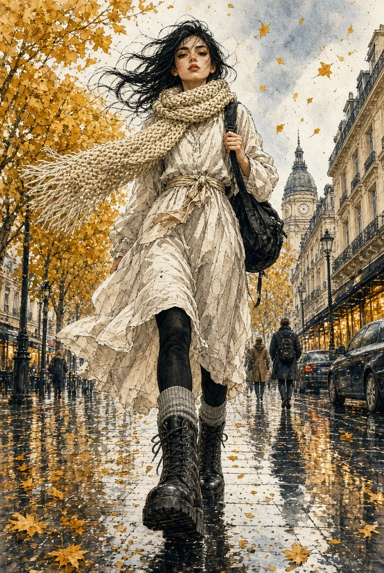 Woman in cream scarf strides through rainy autumn boulevard