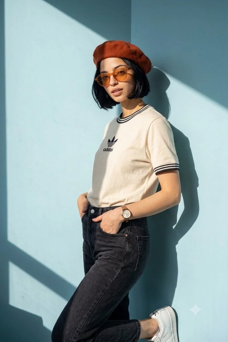 Woman in cream tee and orange beret leans against pastel blue wall
