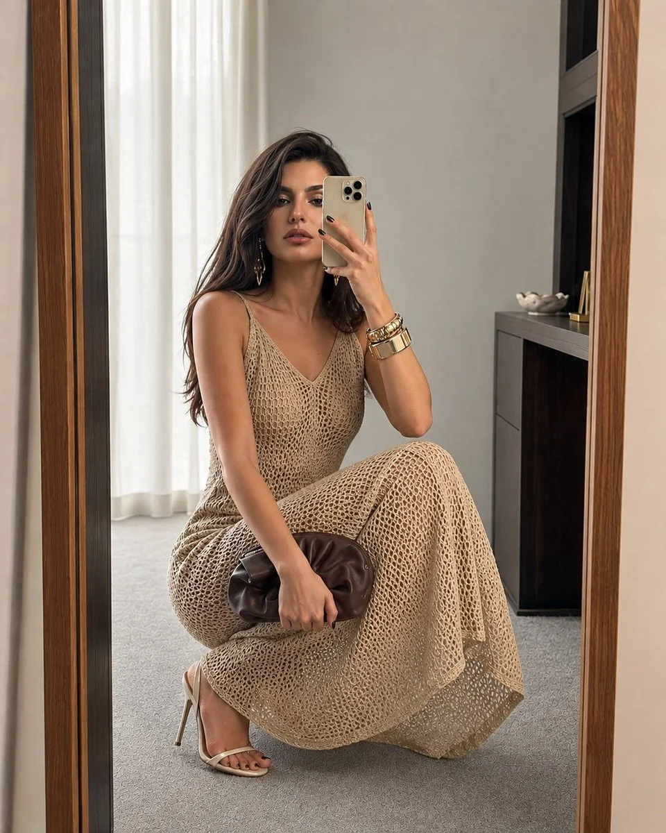 Woman in crochet dress squats for mirror selfie in luxury dressing room