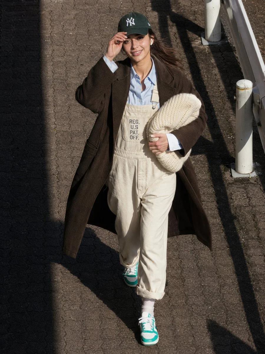 Woman in dark cap and coat walks briskly on sunlit brick path
