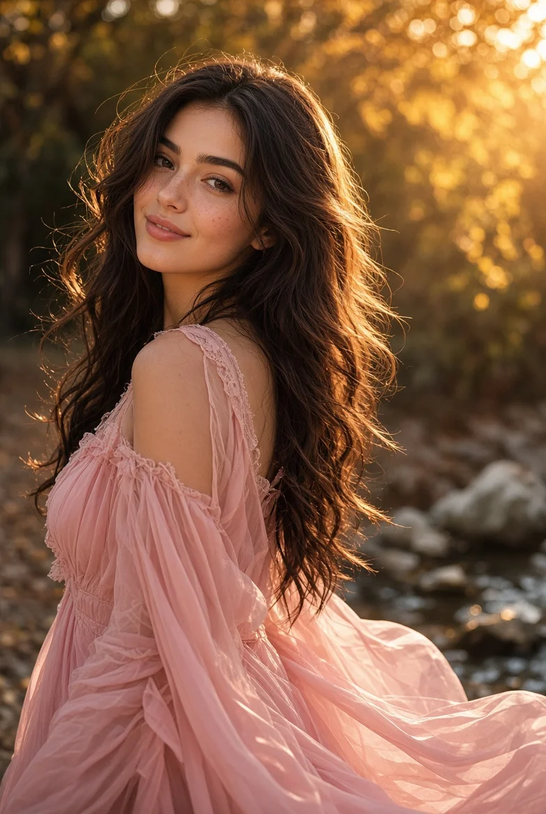 Woman in dusty pink gown smiles gently in golden sunset light