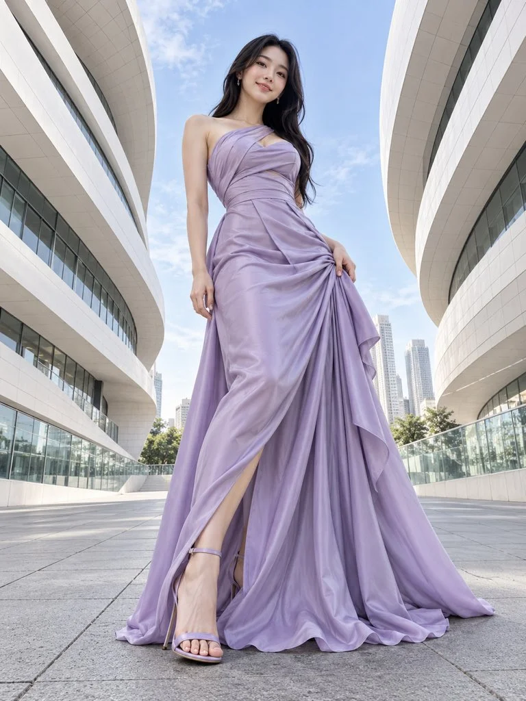 Woman in elegant dress looks up in low-angle urban shot