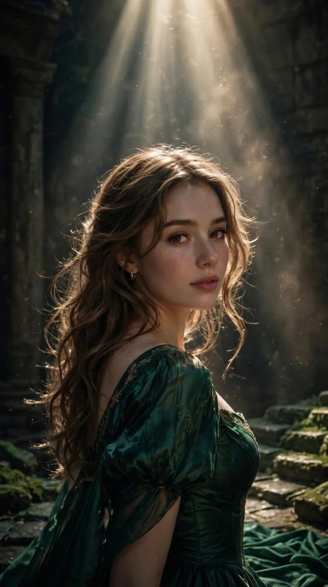 Woman in Emerald Gown Turns in Sunlit Ancient Ruins