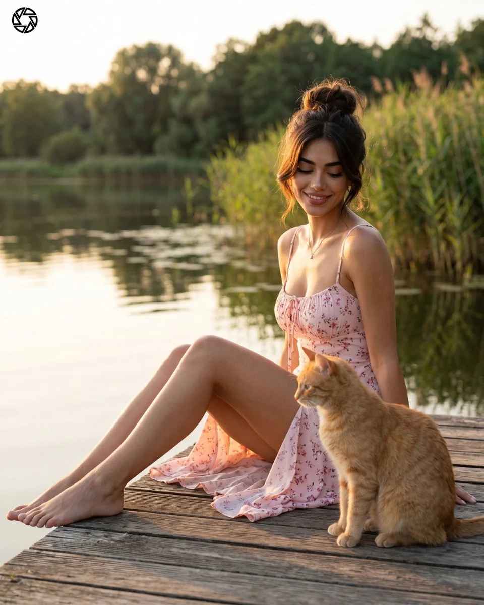 Woman in floral dress sits with cat on lakeside dock at sunset