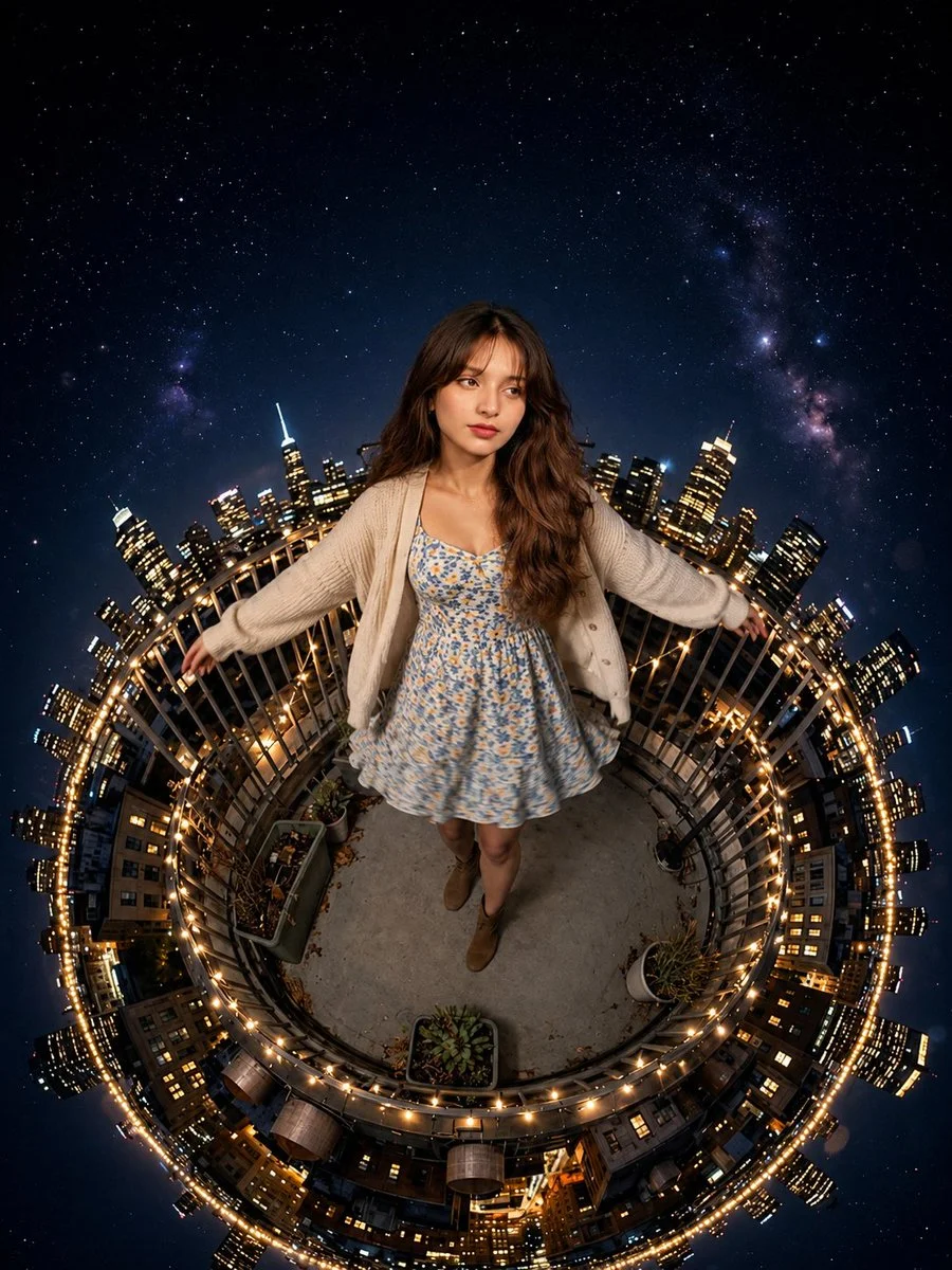 Woman in floral dress under starry sky on rooftop planet