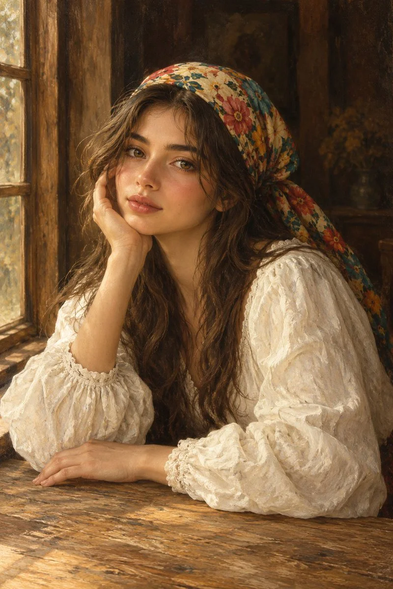 Woman in floral headscarf sits by rustic window in warm light