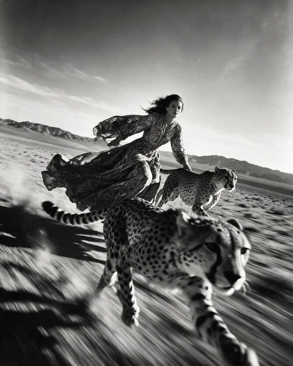 Woman in flowing couture rides with cheetahs across desert.