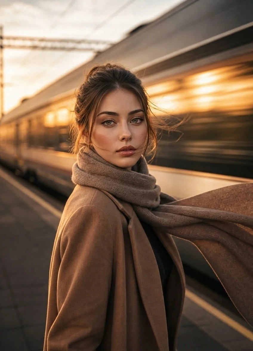 Woman in flowing scarf stands still as train blurs past