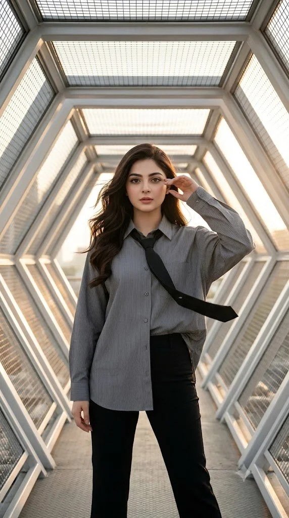 Woman in geometric tunnel with windblown hair and confident pose