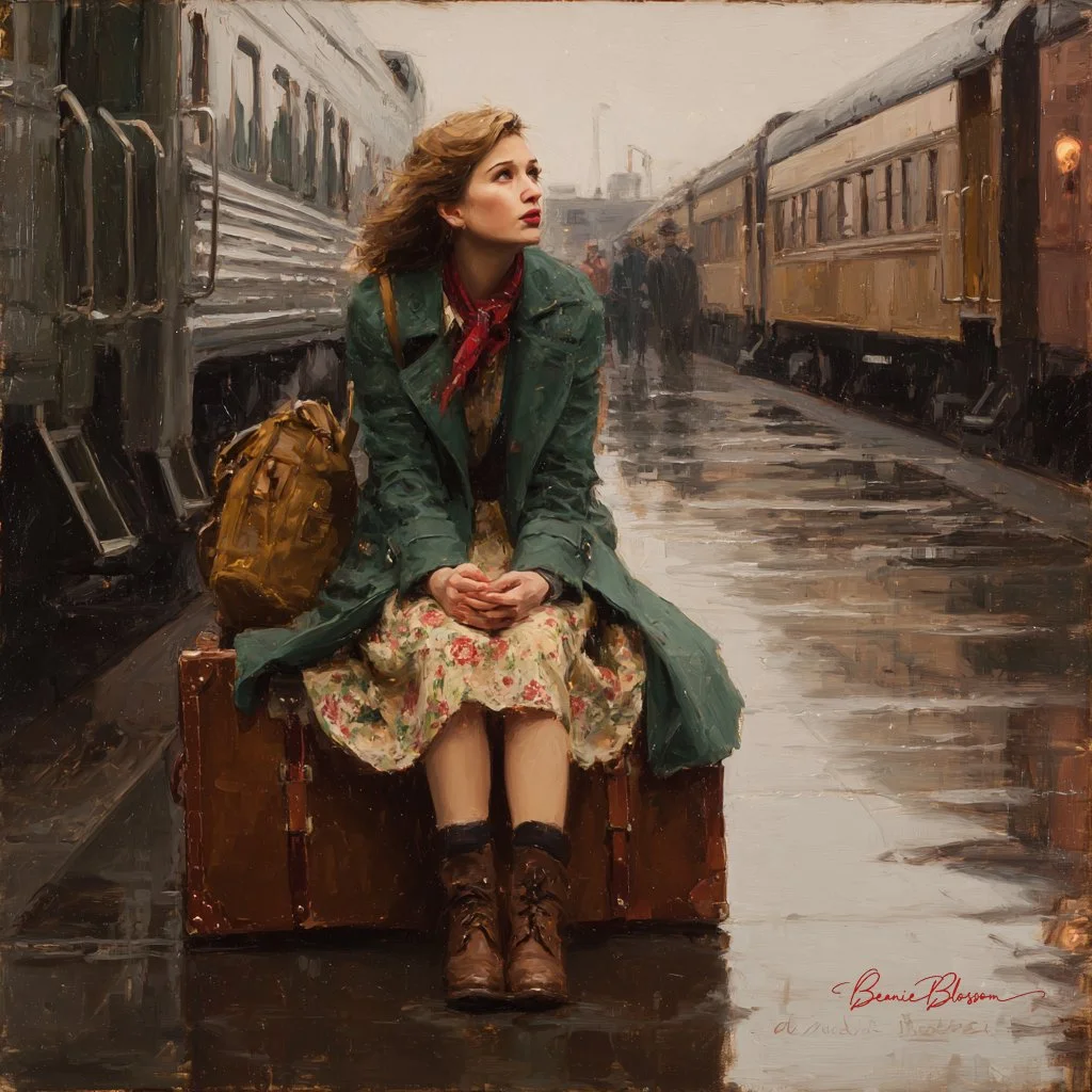 Woman in green coat sits on suitcase at rainy station