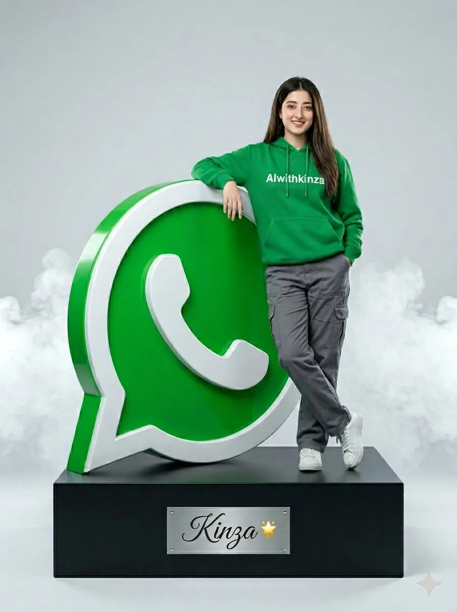 Woman in green hoodie leans against giant WhatsApp logo