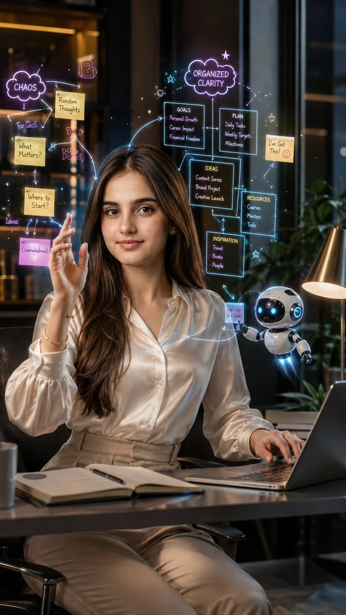 Woman in ivory blouse interacts with glowing holographic notes at desk