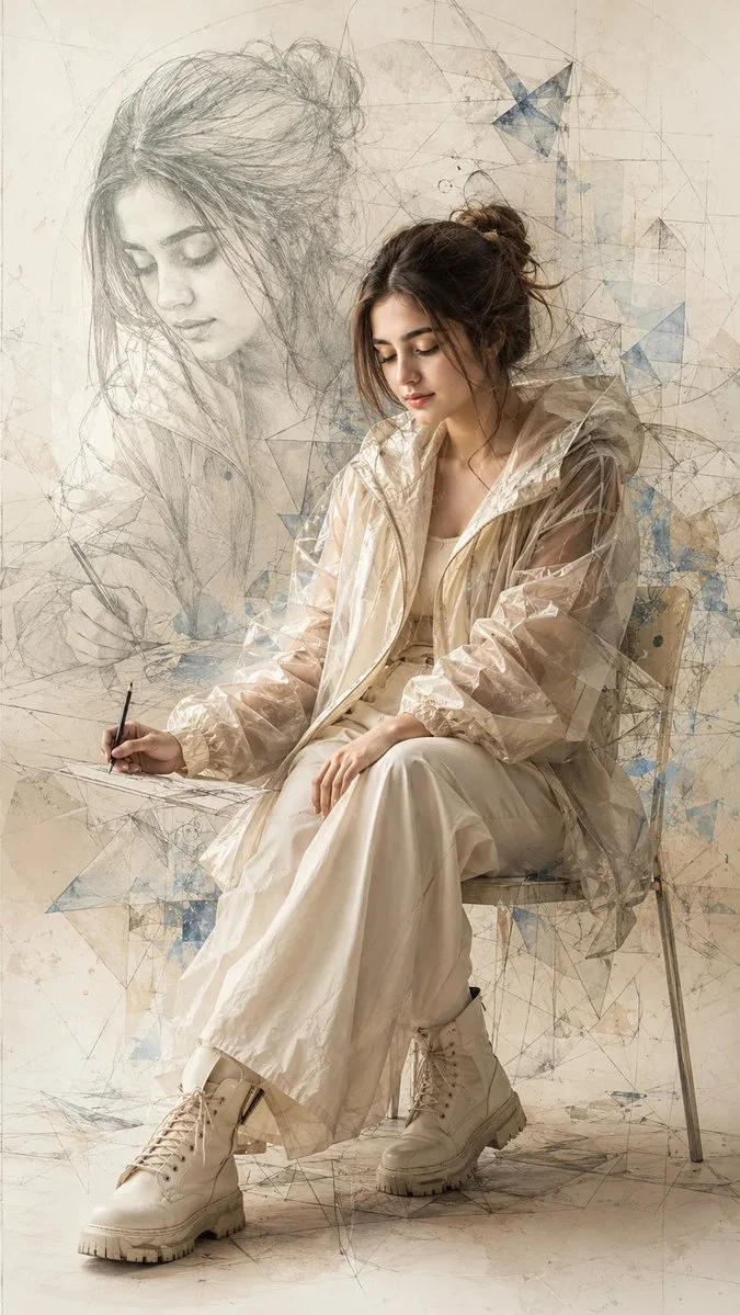 Woman in ivory hooded jacket sketches her ghostly alter ego