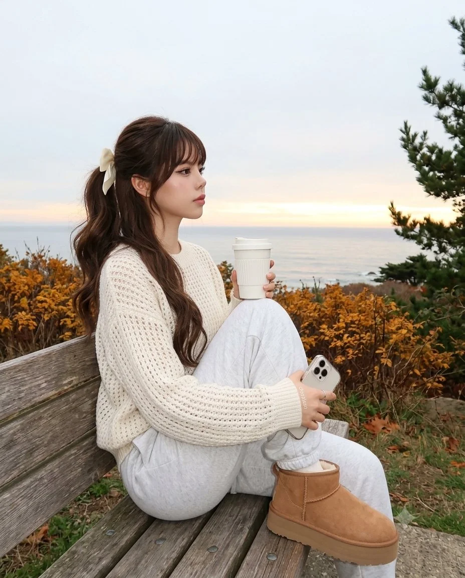 Woman in ivory knit gazes at sea from weathered bench