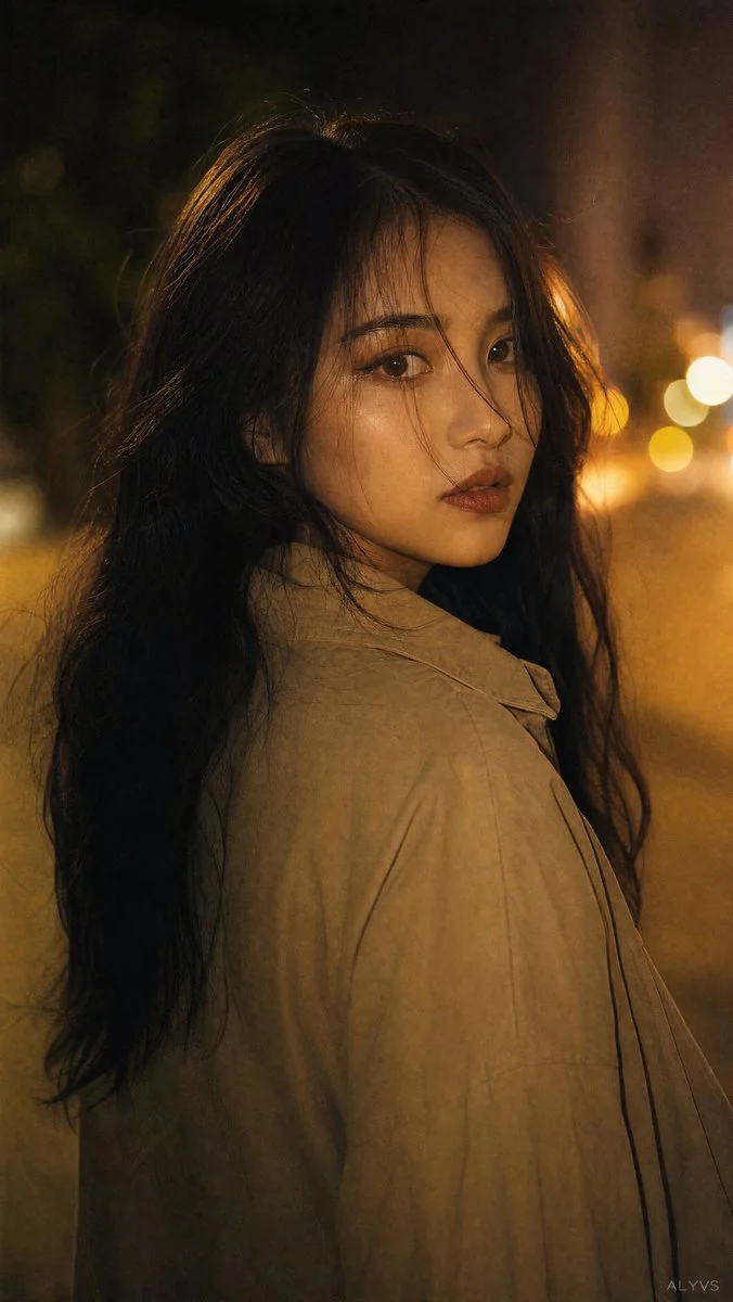 Woman in khaki jacket glances back under warm streetlight glow