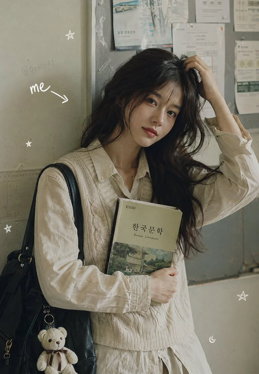 Woman in knit vest reads Korean Literature against hallway wall