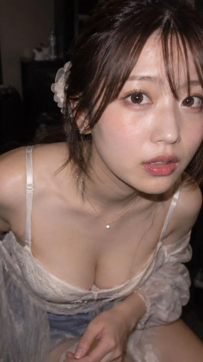Woman in lace leans forward in dimly lit room at night