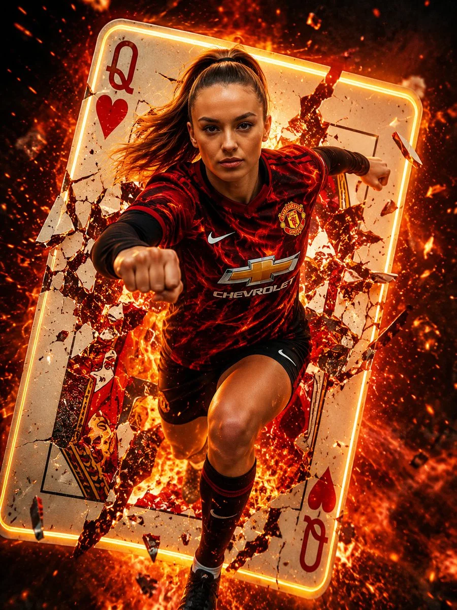 Woman in Manchester United jersey shatters a giant Queen of Hearts card midair