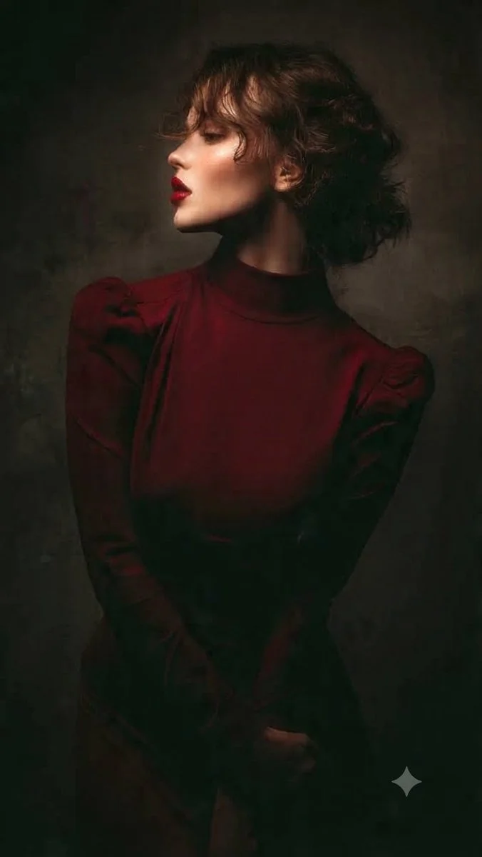 Woman in maroon vintage dress poses against dark grunge backdrop