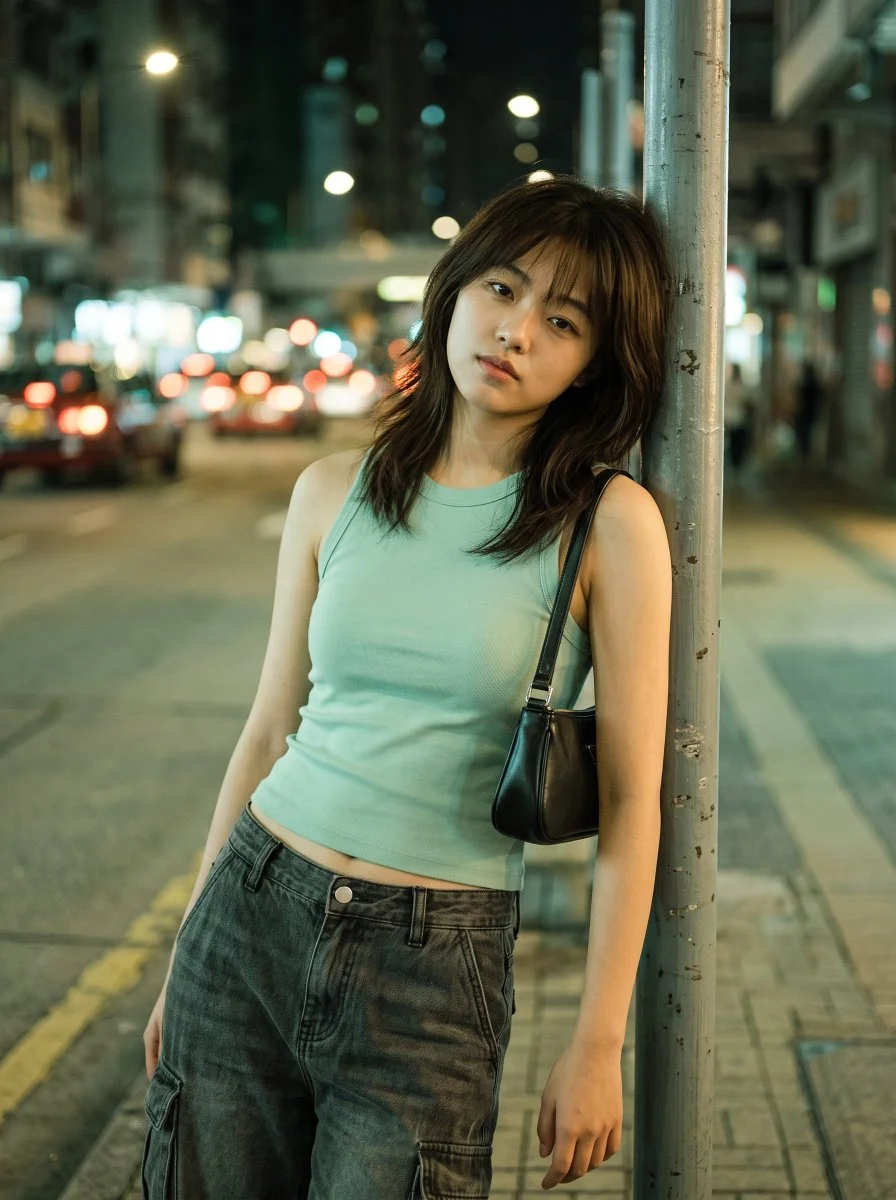Woman in Mint Tank Leans on Lamppost at Night