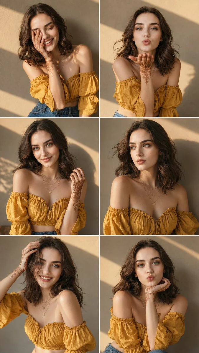Woman in mustard crop top poses in six candid golden hour portraits