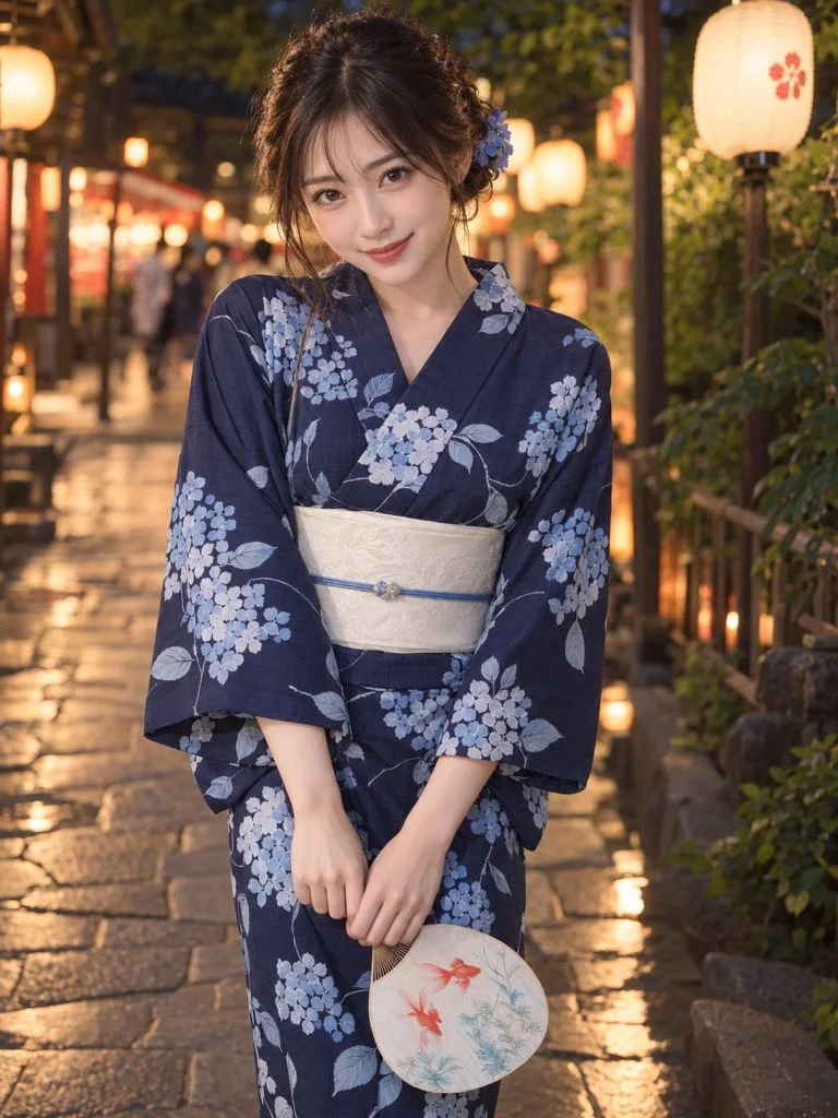Woman in Navy Hydrangea Yukata Holds Fan in Lantern-Lit Alley