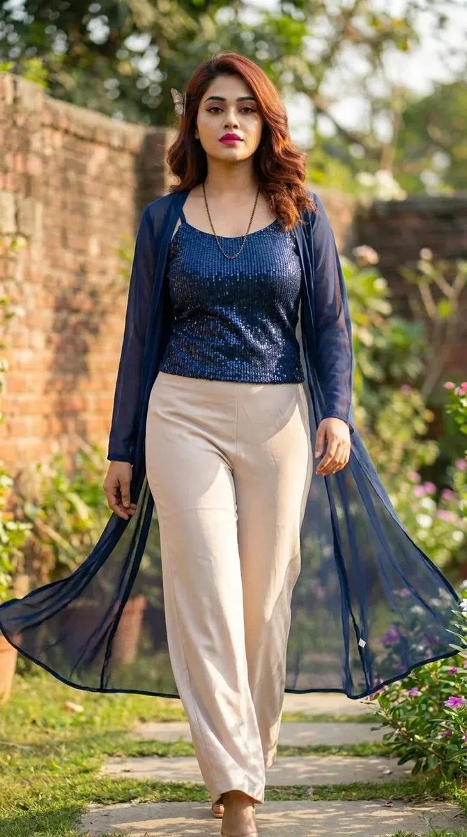 Woman in Navy Sequin Top Walks Through Sunlit Garden Pathway
