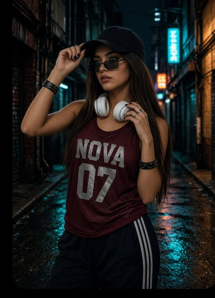 Woman in Neon Alley Adjusts Cap Under Glowing Signs