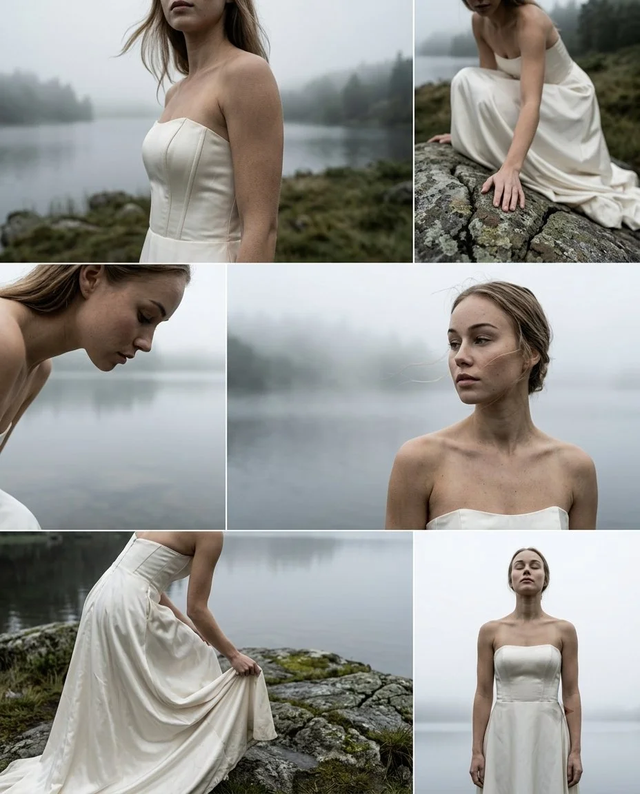 Woman in off-white gown stands before misty lake in fog