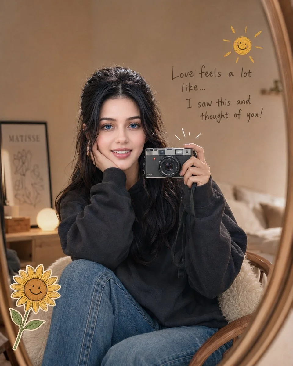 Woman in oversized hoodie takes cozy mirror selfie with doodles
