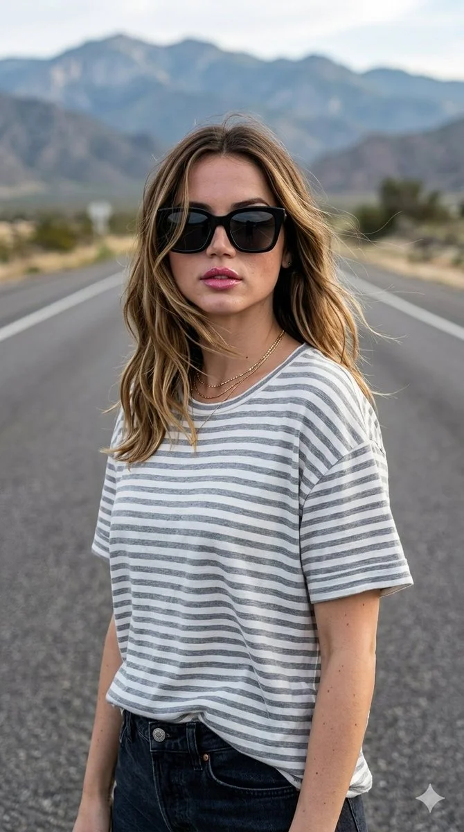 Woman in oversized shirt poses on empty highway with mountains