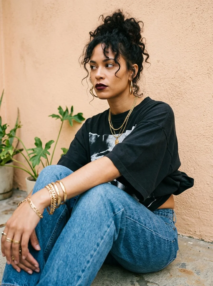 Woman in oversized streetwear sits against peach wall in editorial portrait