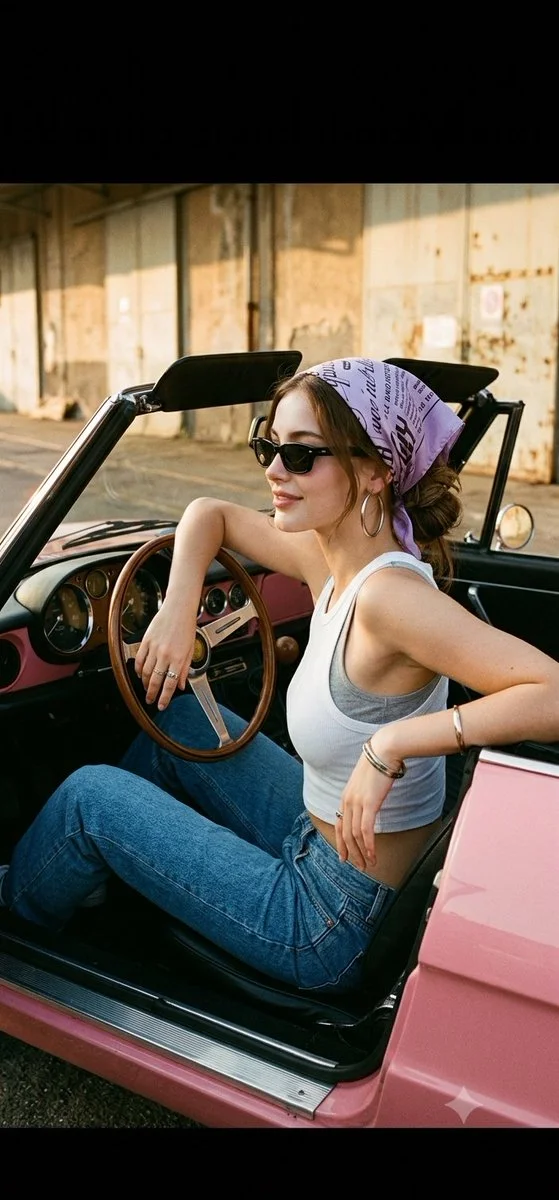 Woman in pink convertible at golden hour in Italian port