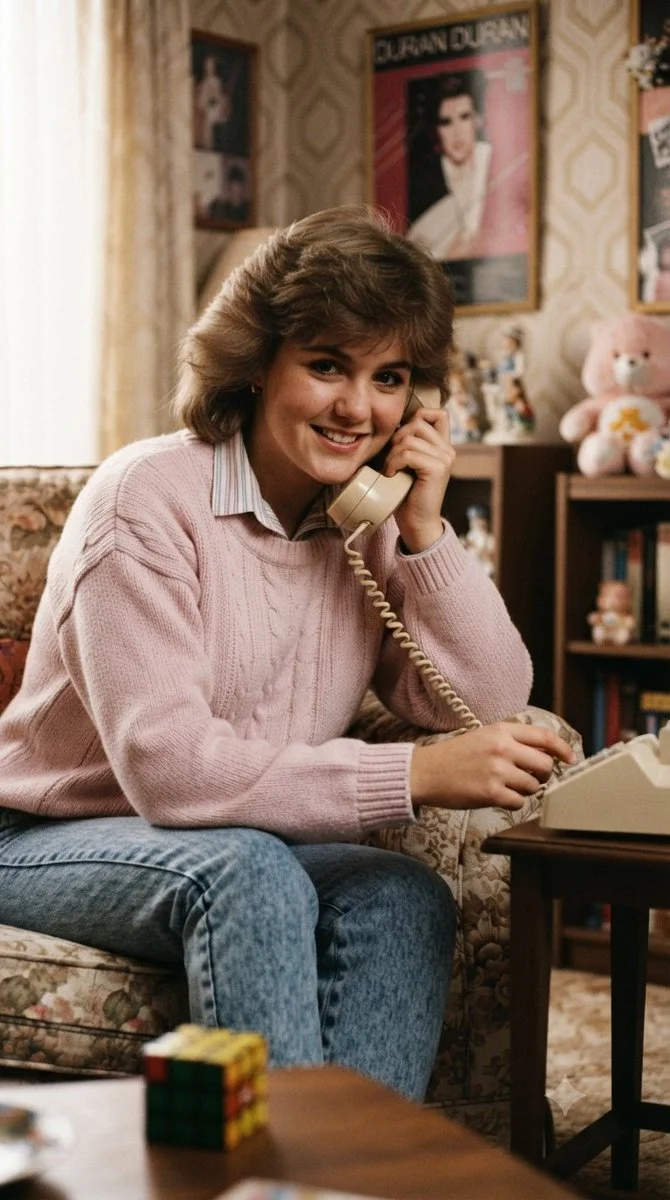 Woman in pink sweater chats on rotary phone in retro living room