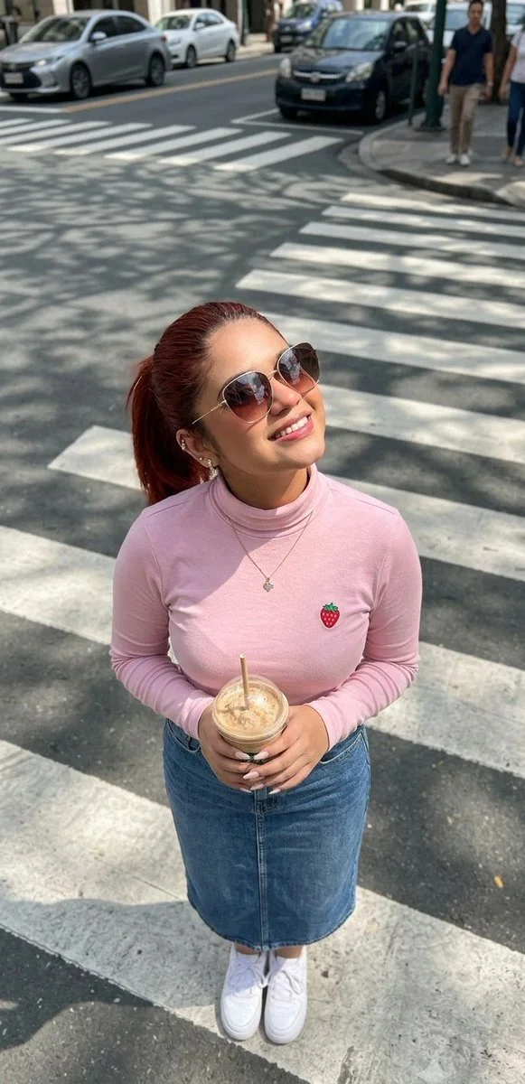Woman in pink T-shirt holds iced coffee at zebra crossing