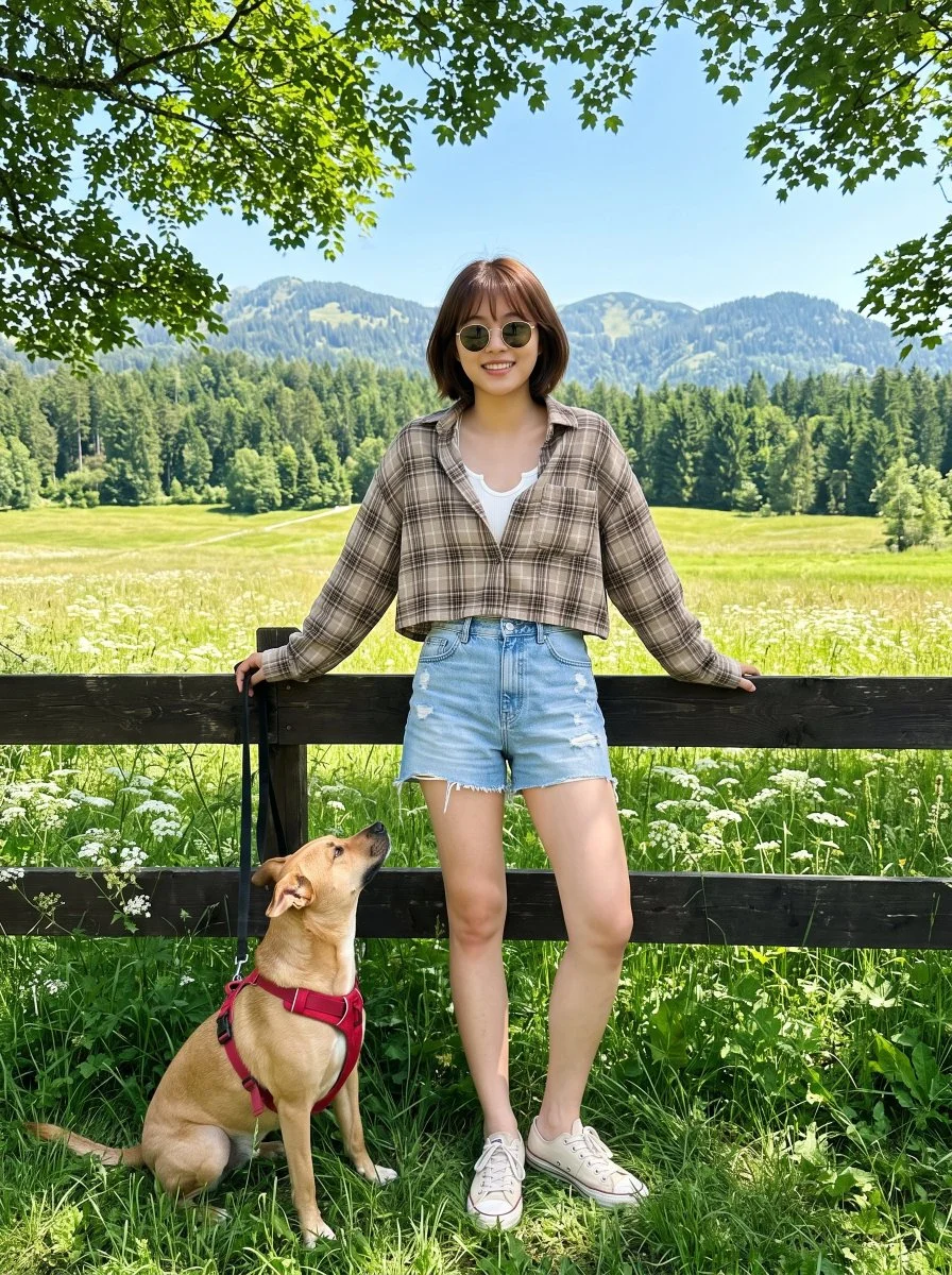 Woman in plaid leans on fence as tan dog gazes up