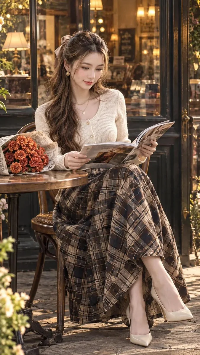 Woman in plaid skirt reads magazine at Parisian café table