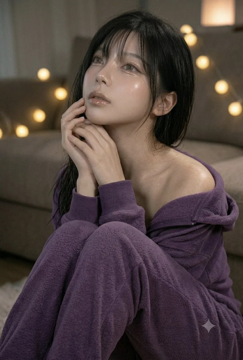 Woman in purple fleece lounges under fairy lights
